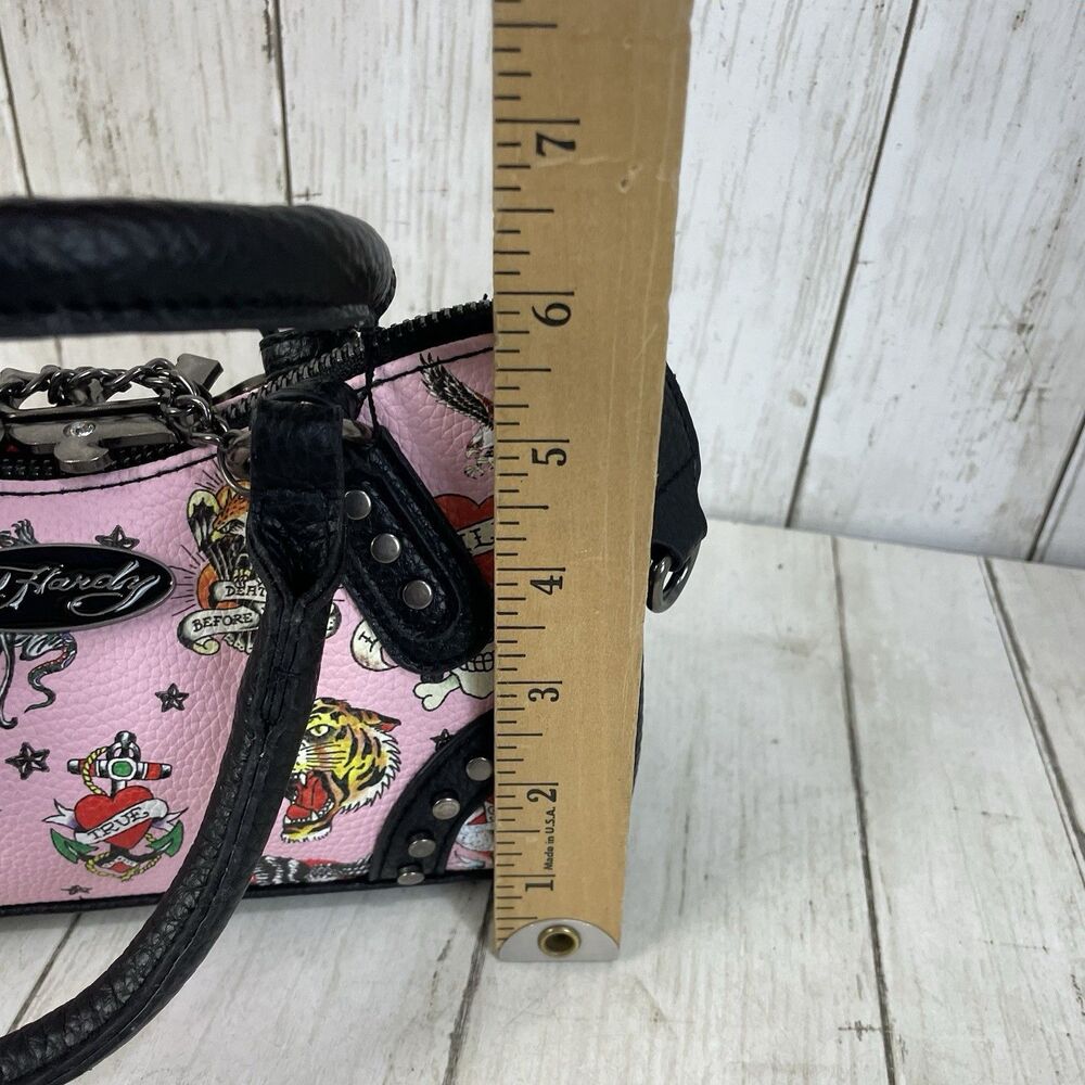 Ed Hardy Pink/Black Skull Tattoo Satchel Purse Studded Embroidered Zip Charm NWT - Picture 12 of 13